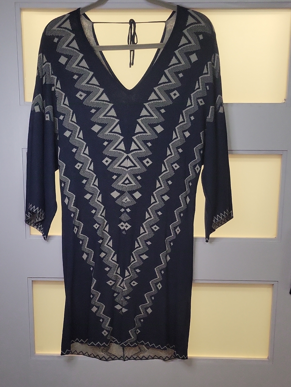 Miilla Clothing Navy and Silver Geometric V‑Neck Midi Dress